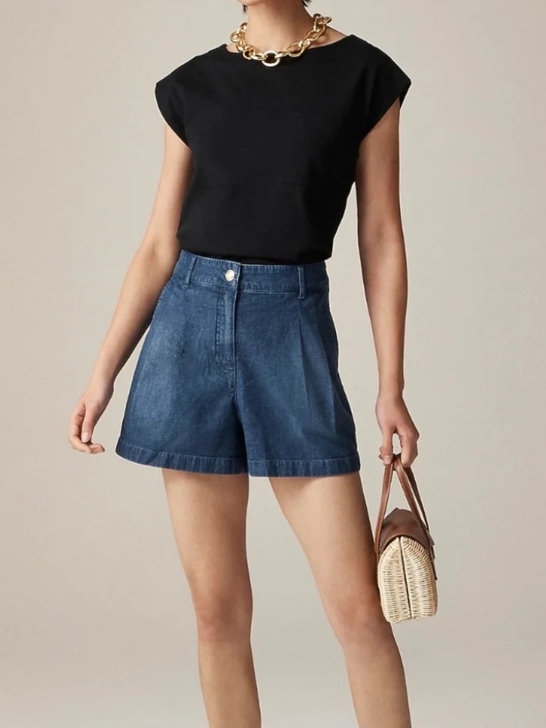 Nwt - J.Crew Shorts Women's 32 Blue Denim Pleated High Rise Relaxed Fit Stretch